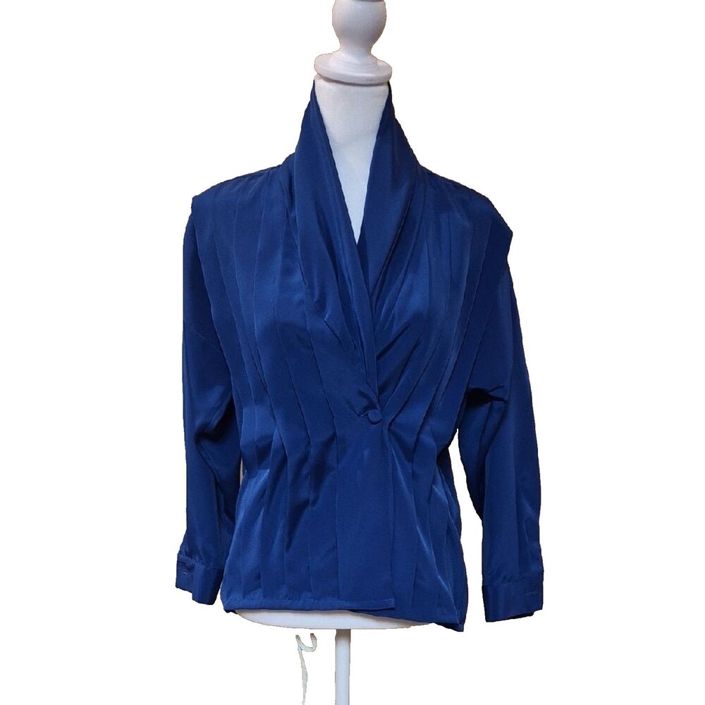 Vintage Marlis 80s Padded Shoulder Blouse Royal Blue Wrap Top Petite Small PS 90